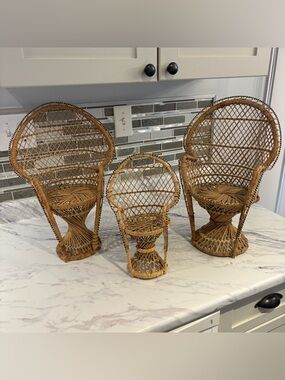 Vintage wicker peacock chairs plant stands dolls decor